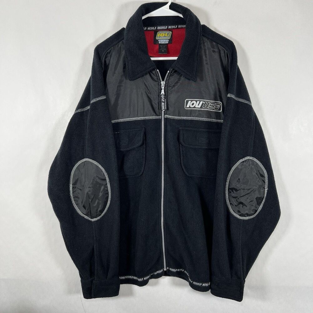 Vintage IOU I.O.U. Full Zip Fleece Jacket Mens Size XL Black Collared Pockets